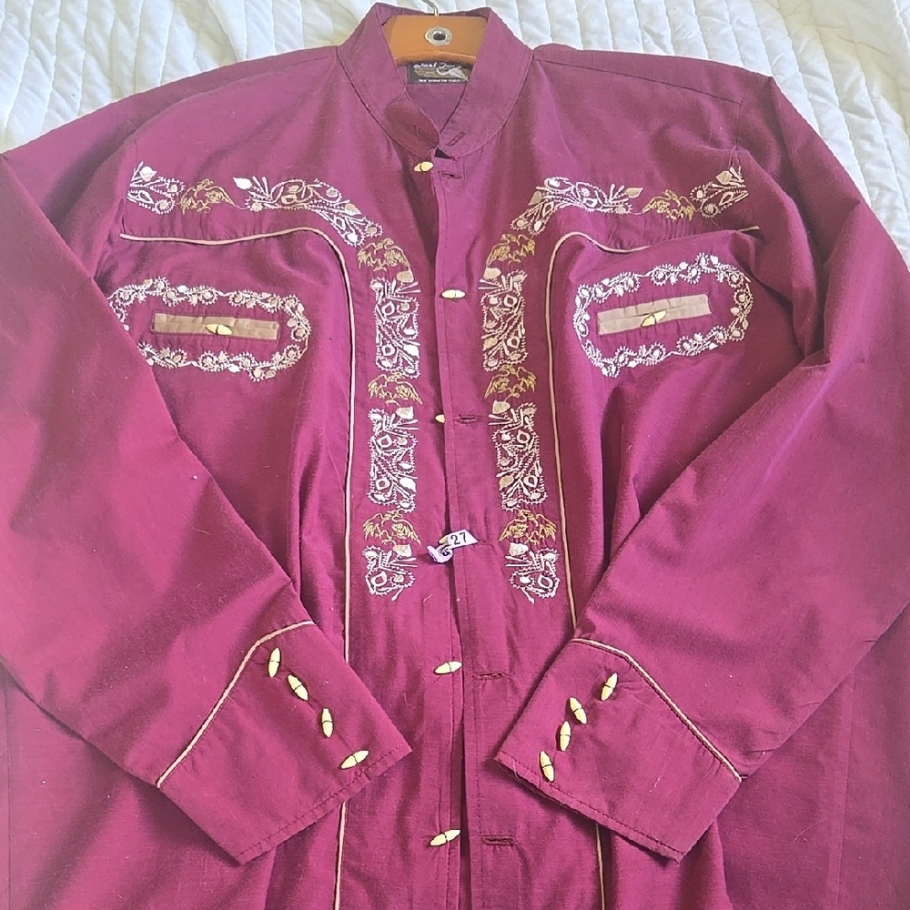 Embroidered Maroon Button-Up Shirt Western TEXAN RANCHERO XXL VAQUERO